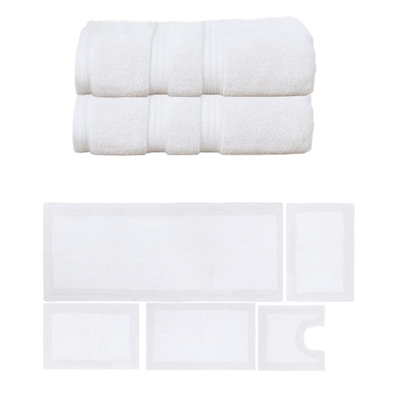 Home Weavers Luxury Collection 100% Soft Cotton Super Absorbent 2 Pcs Bath Towel Set & 5 Pc Bath Rug Combo, Machine Washable & Non Slip (Set of 7), White