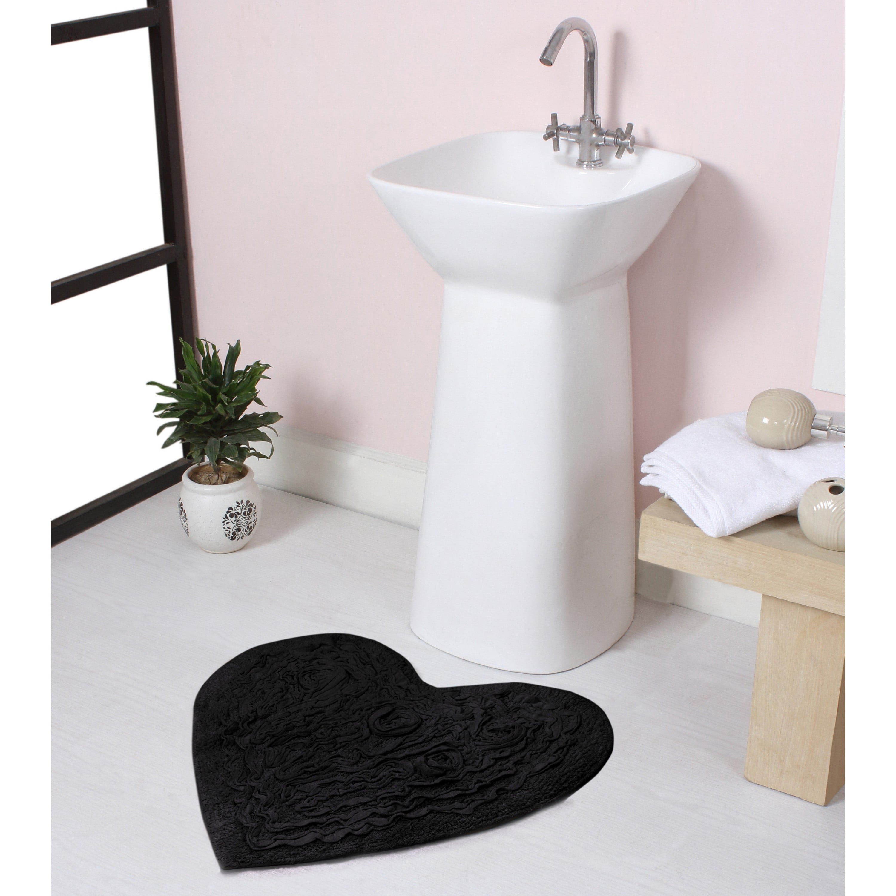 Home Weavers Modesto Bath Rug 100% Cotton Bathroom Rugs Set, Bathroom Décor, Washable Rug, Extra Soft and Absorbent bath Rug, Kitchen Mat, Bath Mat Set, Bath Floor Mat Non Slip, 25"x25" Heart, Black