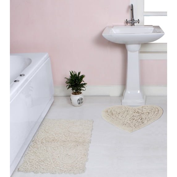Home Weavers Modesto Bath Rug 100% Cotton Non-Slip Bathroom Rug Set Machine Washable Bath Rug-21"x34", Heart Shape Rug- 25"x25", Ivory Color 2 Piece Bath Rug set