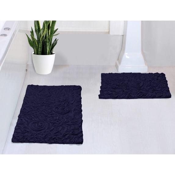 Home Weavers Modesto Bath Rug 100% Cotton Non-Slip Bathroom Rug Set Machine Washable Bathroom Rug-17"x24", Bath Rug- 21"x34", Navy Color 2 Piece Bath Rug set