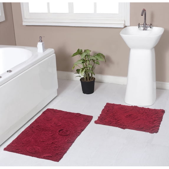Home Weavers Modesto Bath Rug 100% Cotton Non-Slip Bathroom Rug Set Machine Washable Bathroom Rug-17"x24", Bath Rug- 21"x34", Red Color 2 Piece Bath Rug set