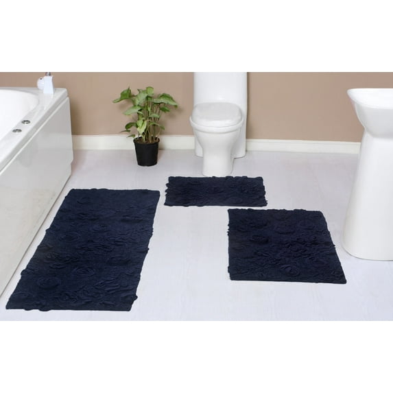 Home Weavers Modesto Bath Rug 100% Cotton Non-Slip Bathroom Rug Set Machine Washable Bathroom Rug-17"x24", Bath Rug- 21"x34", Runner- 21"x54", Navy Color 3 Piece Bath Rug set