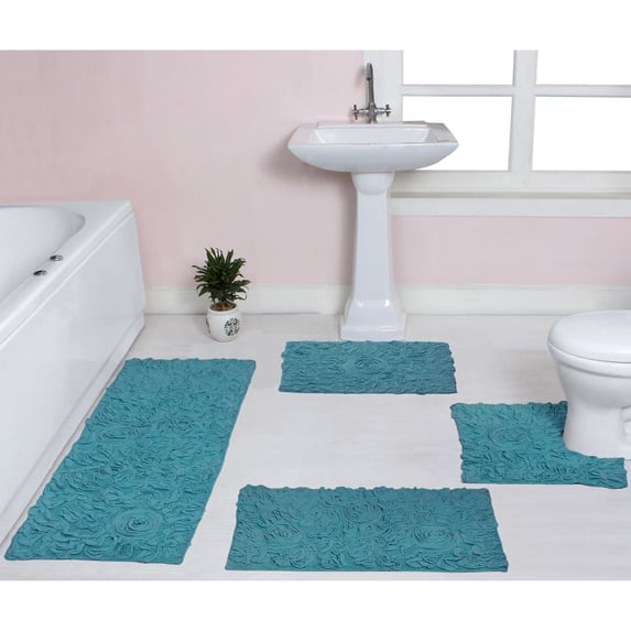 Home Weavers Modesto Bath Rug 100% Cotton Non-Slip Bathroom Rug Set Machine Washable Bathroom Rug, Bath Rug, U Shaped Contour, Runner, Blue Color 4 Piece Bath Rug set