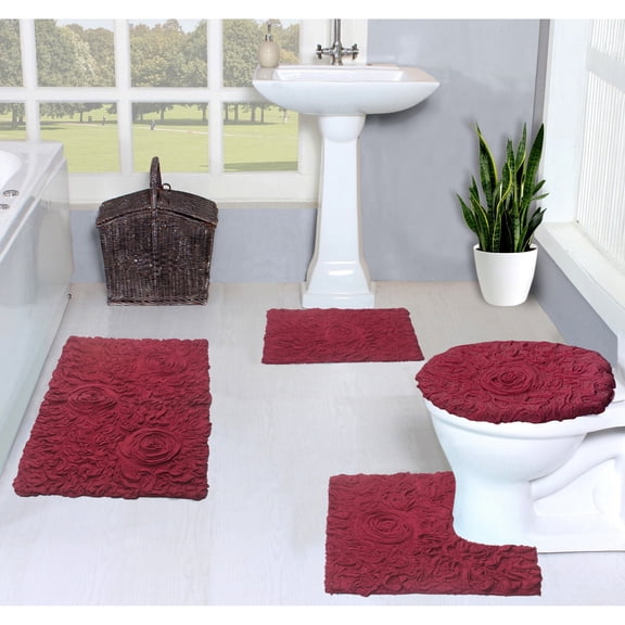 Home Weavers Modesto Collection 100% Cotton Tufted Bath Rugs, Extra Soft and Absorbent Bath Rugs, Non-Slip Bath Mats, Machine Washable, Bathroom Bath Mats, 4 Piece Set with Toilet Lid Cover, Red
