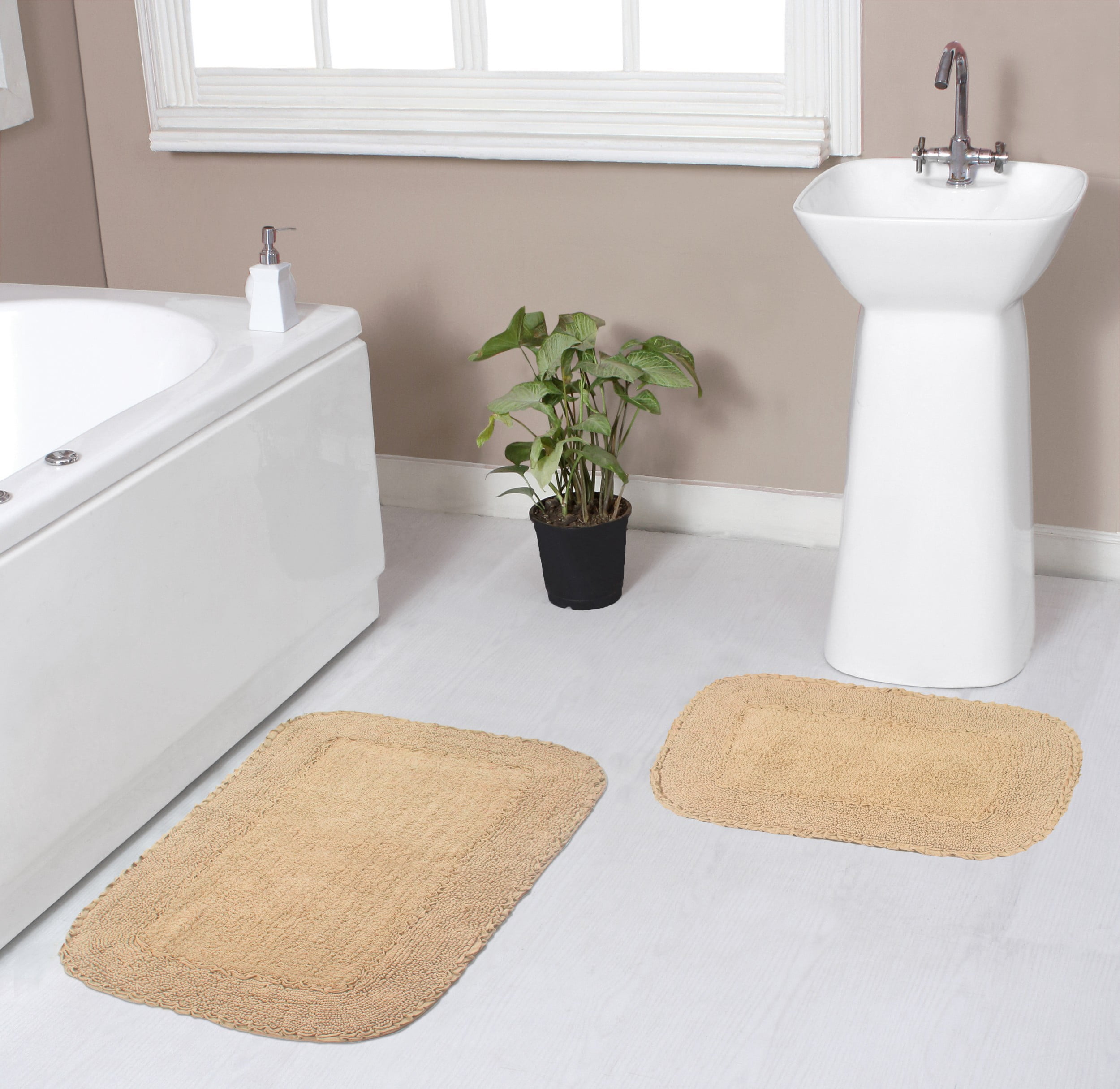 Linen Cotton Non-Slip Bathroom Rug Set with Frill Trims