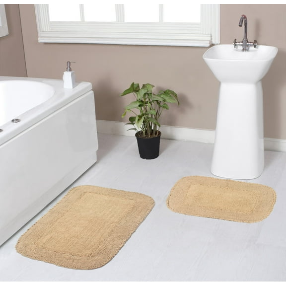 Home Weavers Radiant Collection 100% Cotton Non-Slip Bathroom Rug Set Machine Washable Bathroom Rug-17"x24", Bath Rug- 21"x34", Linen Color 2 Piece Bath Rug set