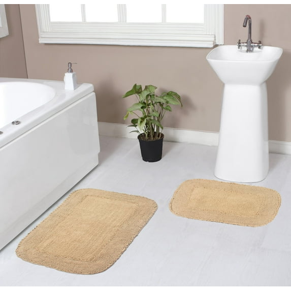 Home Weavers Radiant Collection 100% Cotton Non-Slip Bathroom Rug Set Machine Washable Bathroom Rug-17"x24", Bath Rug- 21"x34", Linen Color 2 Piece Bath Rug set