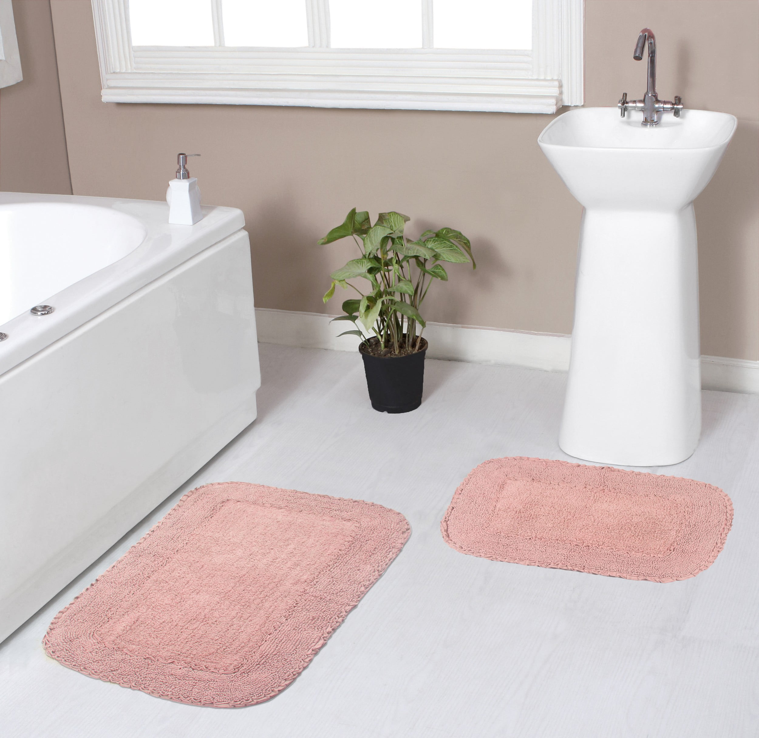 Pink Cotton Non-Slip Bathroom Rug Set with Frill Trims