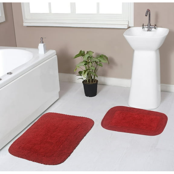 Home Weavers Radiant Collection 100% Cotton Non-Slip Bathroom Rug Set Machine Washable Bathroom Rug-17"x24", Bath Rug- 21"x34", Red Color 2 Piece Bath Rug set