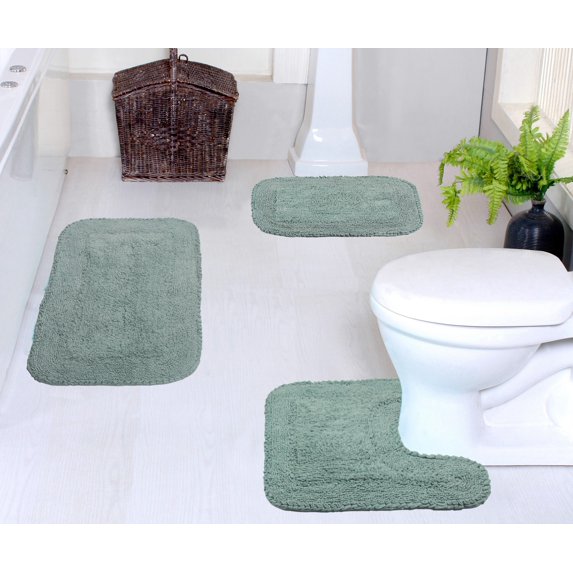 Home Weavers Radiant Collection 100% Cotton Non-Slip Bathroom Rug Set Machine Washable Bathroom Rug-17"x24", Bath Rug- 21"x34", U Shaped Contour- 20"x20", Blue Color 3 Piece Bath Rug set