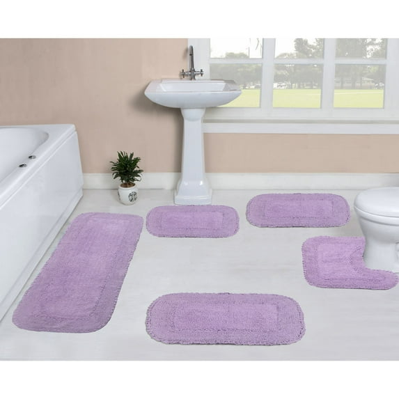 Home Weavers Radiant Collection 100% Cotton Non-Slip Bathroom Rug Set Machine Washable Bathroom Rug, Bath Rug, Bathroom Rug, Runner, U Shaped Contour, Purple Color 5 Piece Bath Rug set