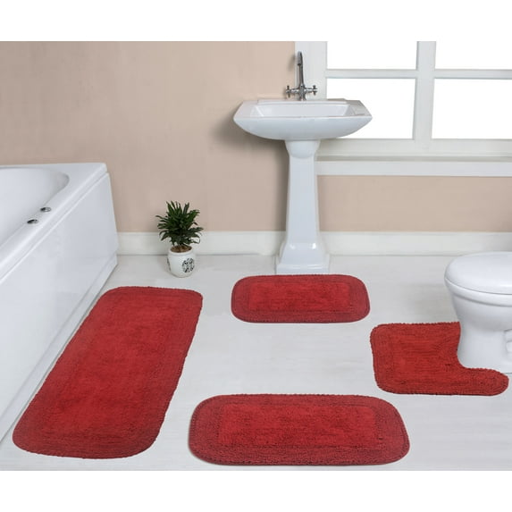 Home Weavers Radiant Collection 100% Cotton Non-Slip Bathroom Rug Set Machine Washable Bathroom Rug, Bath Rug, U Shaped Contour, Runner, Red Color 4 Piece Bath Rug set