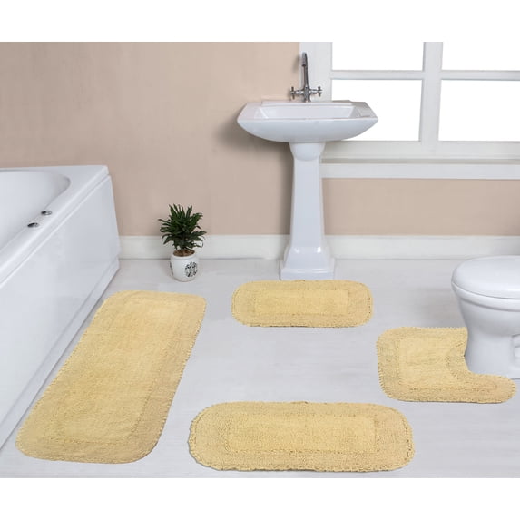 Home Weavers Radiant Collection 100% Cotton Non-Slip Bathroom Rug Set Machine Washable Bathroom Rug, Bath Rug, U Shaped Contour, Runner, Yellow Color 4 Piece Bath Rug set