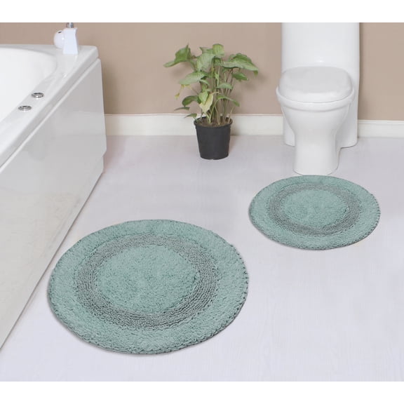 Home Weavers Radiant Collection 100% Cotton Non-Slip Bathroom Rug Set Machine Washable Round Shape Bathroom Rug-30" Round, Round Rug- 22" Round, Blue Color 2 Piece Bath rug set
