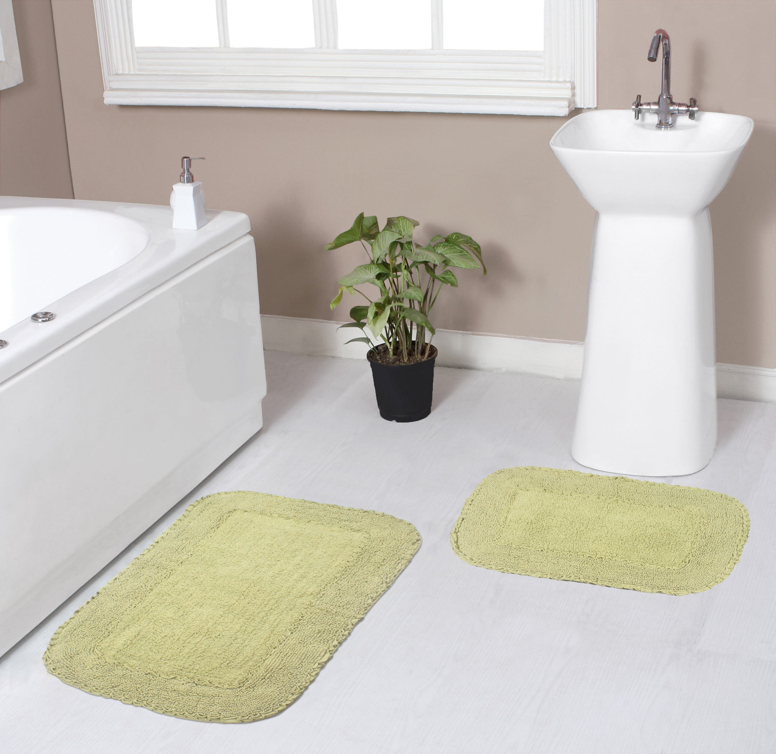 Green Cotton Non-Slip Bathroom Rug Set with Frill Trims