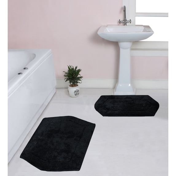 Home Weavers Waterford Collection 100% Cotton Non-Slip Bathroom Rug Set Machine Washable Bath Rug-21"x34", Bathroom Rug- 24"x40", Black Color 2 Piece Bath Rug set