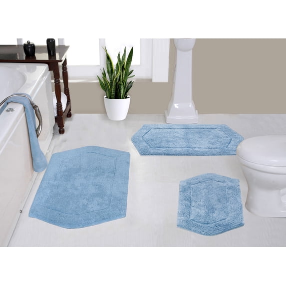 Home Weavers Waterford Collection 100% Cotton Non-Slip Bathroom Rug Set Machine Washable Bathroom Rug-17"x24", Bath Rug- 21"x34", Bathroom Rug- 24"x40", Blue Color 3 Piece Bath Rug set
