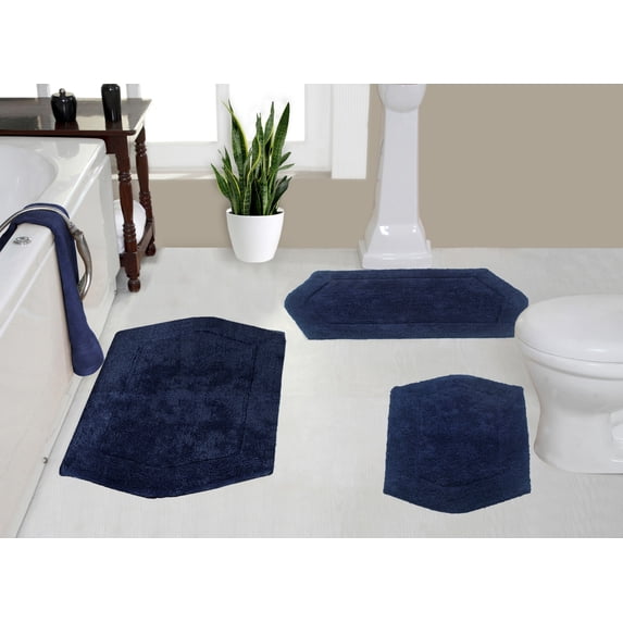Home Weavers Waterford Collection 100% Cotton Non-Slip Bathroom Rug Set Machine Washable Bathroom Rug-17"x24", Bath Rug- 21"x34", Bathroom Rug- 24"x40", Navy Color 3 Piece Bath Rug set