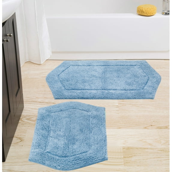 Home Weavers Waterford Collection 100% Cotton Non-Slip Bathroom Rug Set Machine Washable Bathroom Rug-17"x24", Bath Rug- 21"x34", Blue Color 2 Piece Bath rug set