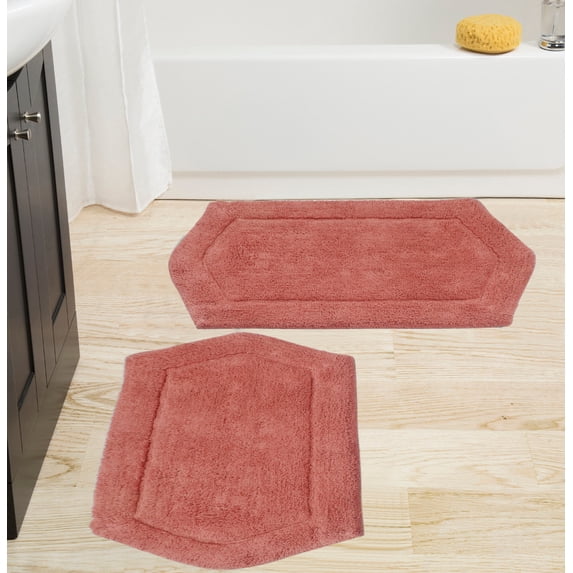 Home Weavers Waterford Collection 100% Cotton Non-Slip Bathroom Rug Set Machine Washable Bathroom Rug-17"x24", Bath Rug- 21"x34", Coral Color 2 Piece Bath Rug set