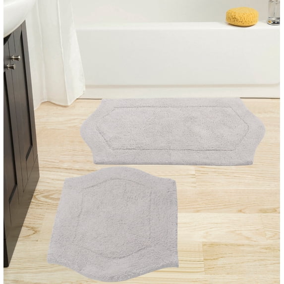 Home Weavers Waterford Collection 100% Cotton Non-Slip Bathroom Rug Set Machine Washable Bathroom Rug-17"x24", Bath Rug- 21"x34", Light Gray Color 2 Piece Bath Rug set
