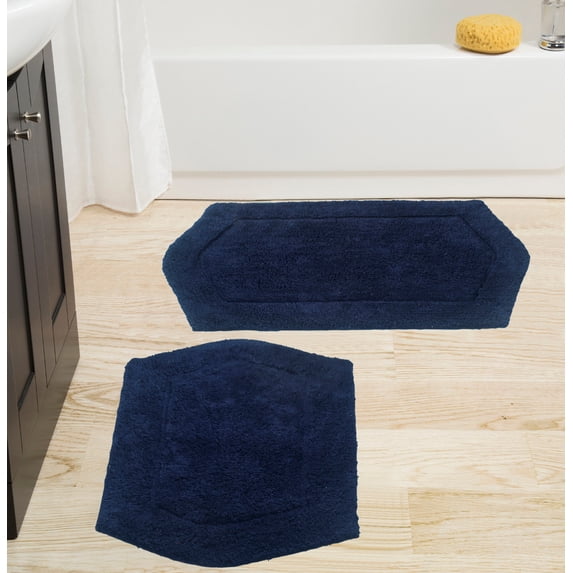 Home Weavers Waterford Collection 100% Cotton Non-Slip Bathroom Rug Set Machine Washable Bathroom Rug-17"x24", Bath Rug- 21"x34", Navy Color 2 Piece Bath Rug set
