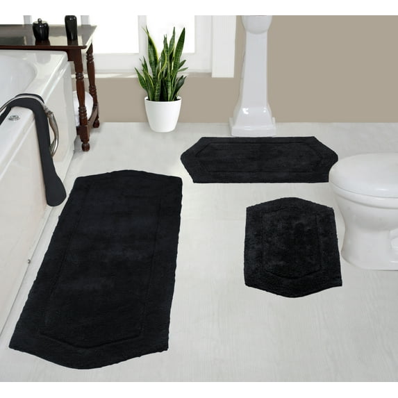 Home Weavers Waterford Collection 100% Cotton Non-Slip Bathroom Rug Set Machine Washable Bathroom Rug-17"x24", Bath Rug- 21"x34", Runner- 22"x60", Black Color 3 Piece Bath Rug set