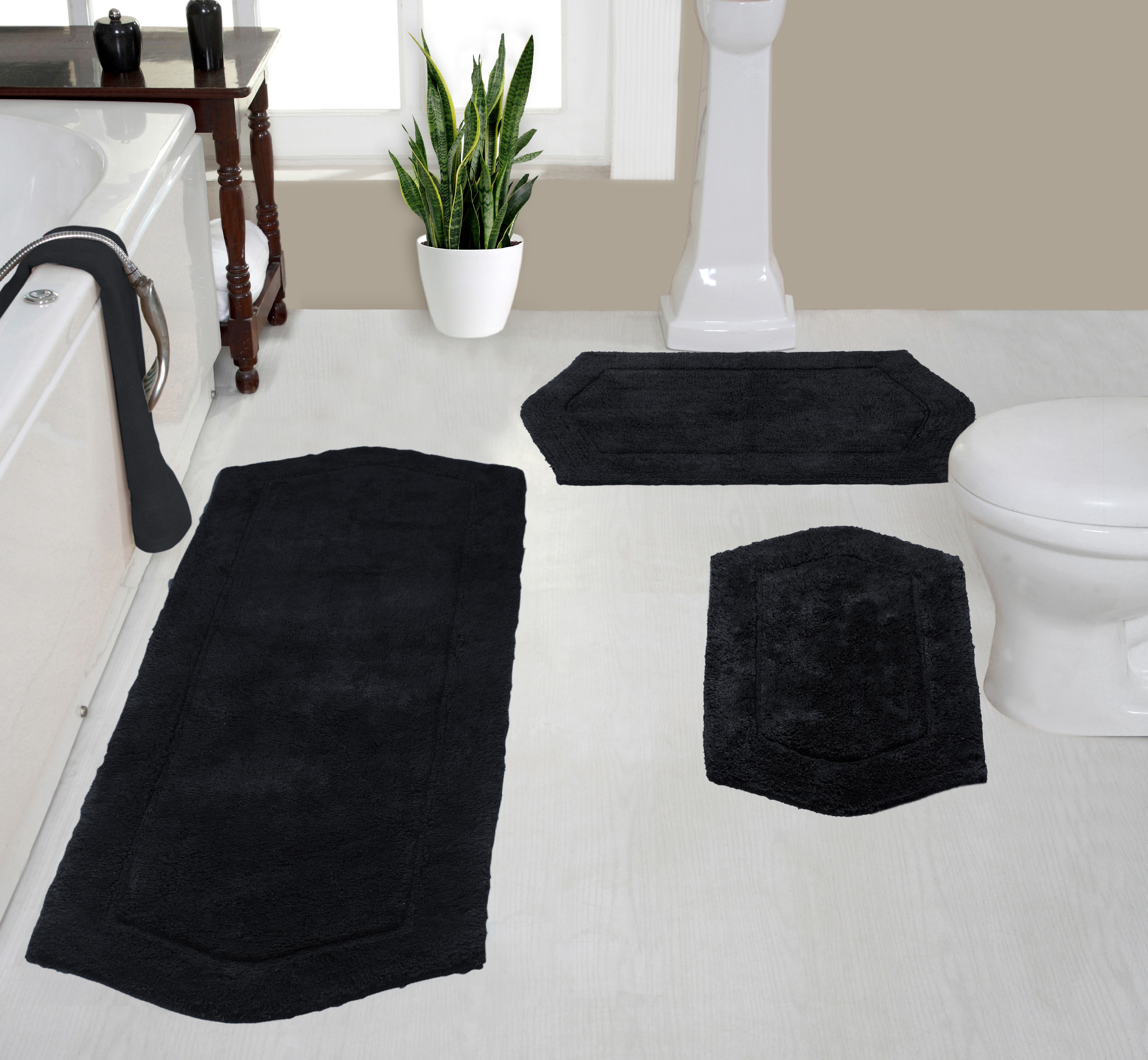 Home Weavers Waterford Collection 100% Cotton Non-Slip Bathroom Rug Set Machine Washable Bathroom Rug-17"x24", Bath Rug- 21"x34", Runner- 22"x60", Black Color 3 Piece Bath Rug set