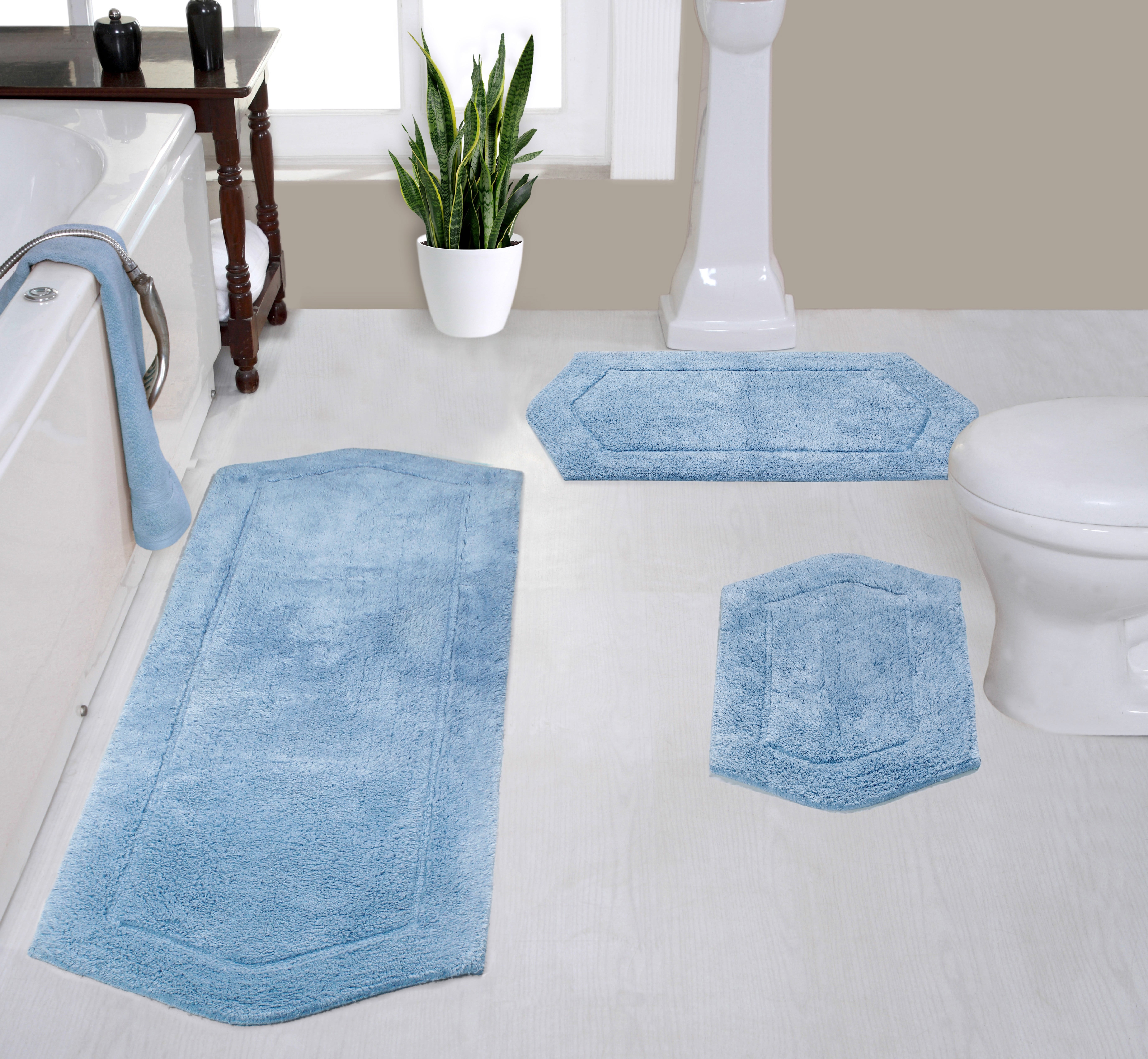 Home Weavers Waterford Collection 100% Cotton Non-Slip Bathroom Rug Set Machine Washable Bathroom Rug-17"x24", Bath Rug- 21"x34", Runner- 22"x60", Blue Color 3 Piece Bath rug set