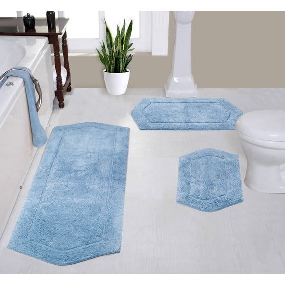 Home Weavers Waterford Collection 100% Cotton Non-Slip Bathroom Rug Set Machine Washable Bathroom Rug-17"x24", Bath Rug- 21"x34", Runner- 22"x60", Blue Color 3 Piece Bath rug set