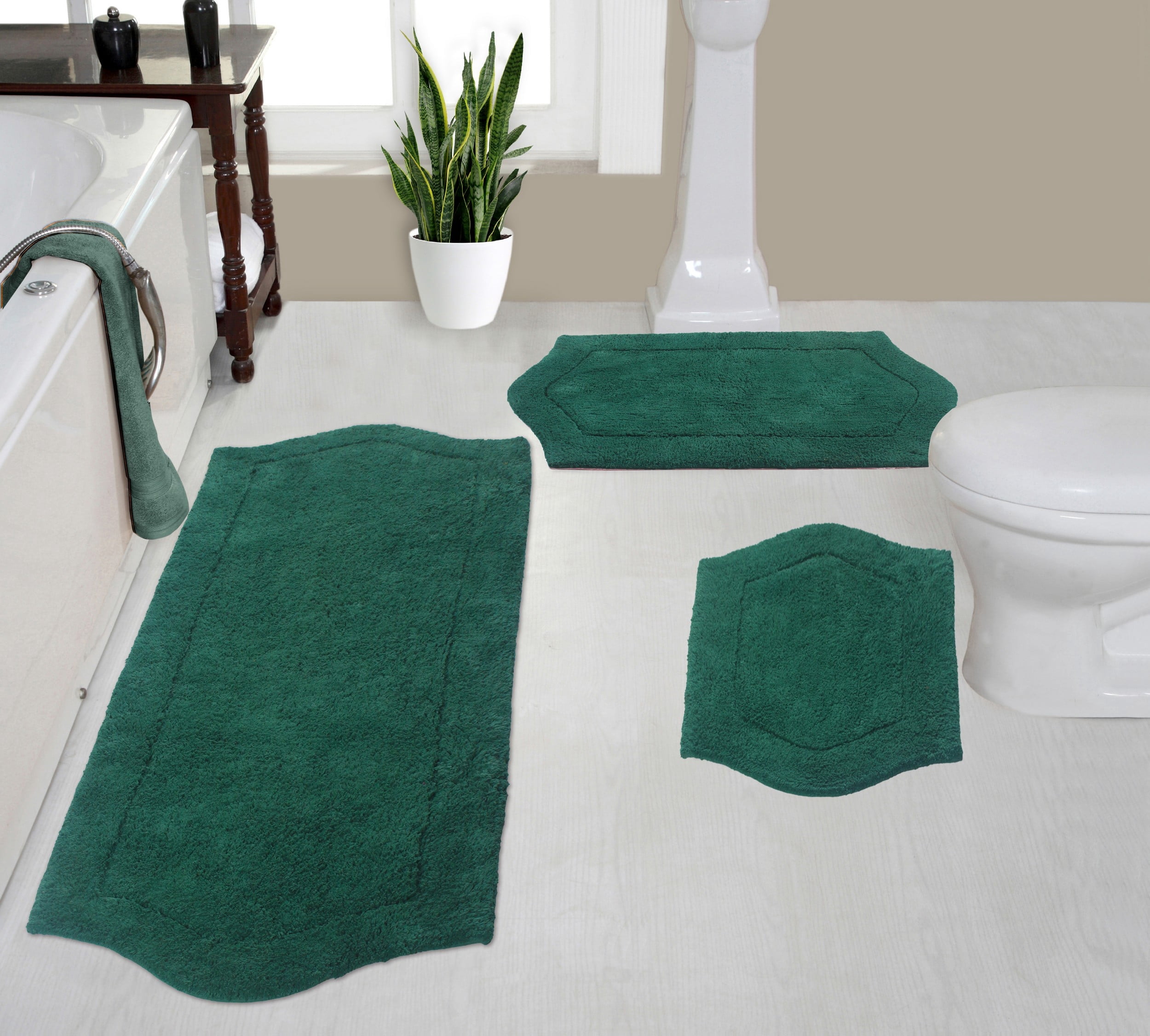 Home Weavers Waterford Collection 100% Cotton Non-Slip Bathroom Rug Set Machine Washable Bathroom Rug-17"x24", Bath Rug- 21"x34", Runner- 22"x60", Bottle Green Color 3 Piece Bath Rug set