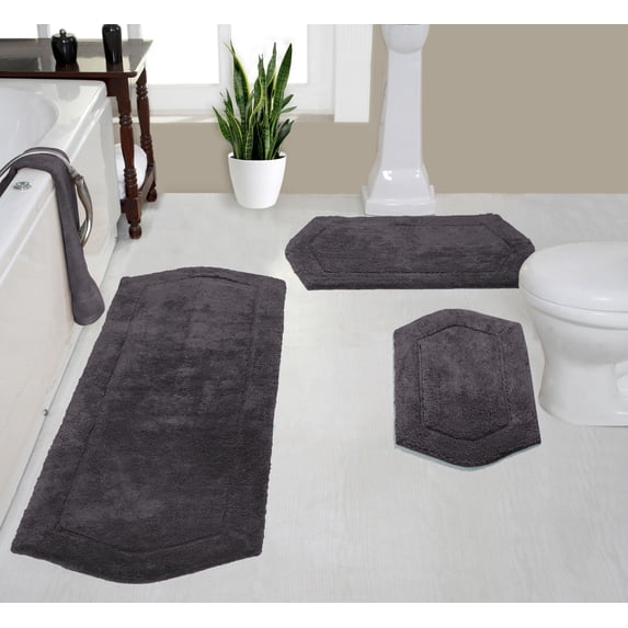 Home Weavers Waterford Collection 100% Cotton Non-Slip Bathroom Rug Set Machine Washable Bathroom Rug-17"x24", Bath Rug- 21"x34", Runner- 22"x60", Gray Color 3 Piece Bath rug set