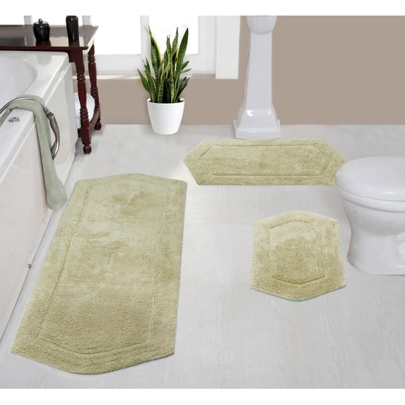 Home Weavers Waterford Collection 100% Cotton Non-Slip Bathroom Rug Set Machine Washable Bathroom Rug-17"x24", Bath Rug- 21"x34", Runner- 22"x60", Green Color 3 Piece Bath Rug set