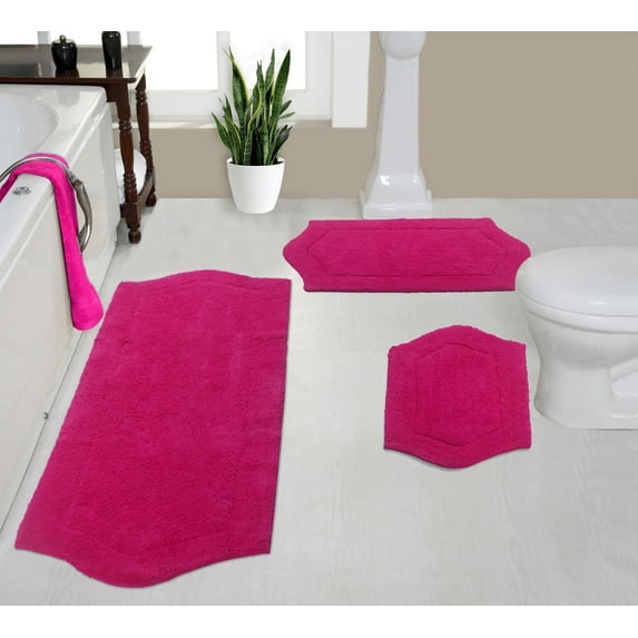 Home Weavers Waterford Collection 100% Cotton Non-Slip Bathroom Rug Set Machine Washable Bathroom Rug-17"x24", Bath Rug- 21"x34", Runner- 22"x60", Hot Pink Color 3 Piece Bath Rug set