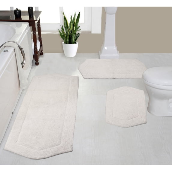 Home Weavers Waterford Collection 100% Cotton Non-Slip Bathroom Rug Set Machine Washable Bathroom Rug-17"x24", Bath Rug- 21"x34", Runner- 22"x60", Ivory Color 3 Piece Bath Rug set