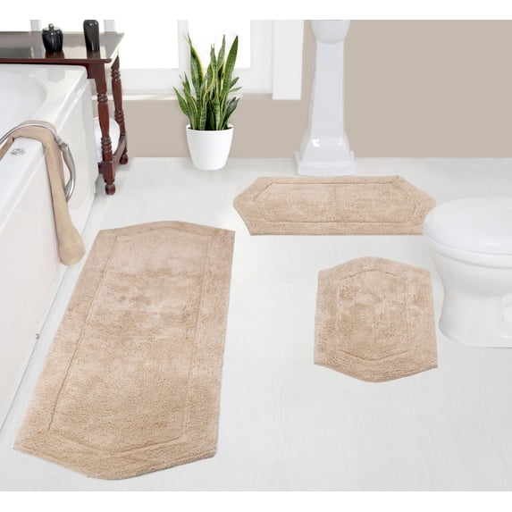 Home Weavers Waterford Collection 100% Cotton Non-Slip Bathroom Rug Set Machine Washable Bathroom Rug-17"x24", Bath Rug- 21"x34", Runner- 22"x60", Linen Color 3 Piece Bath rug set