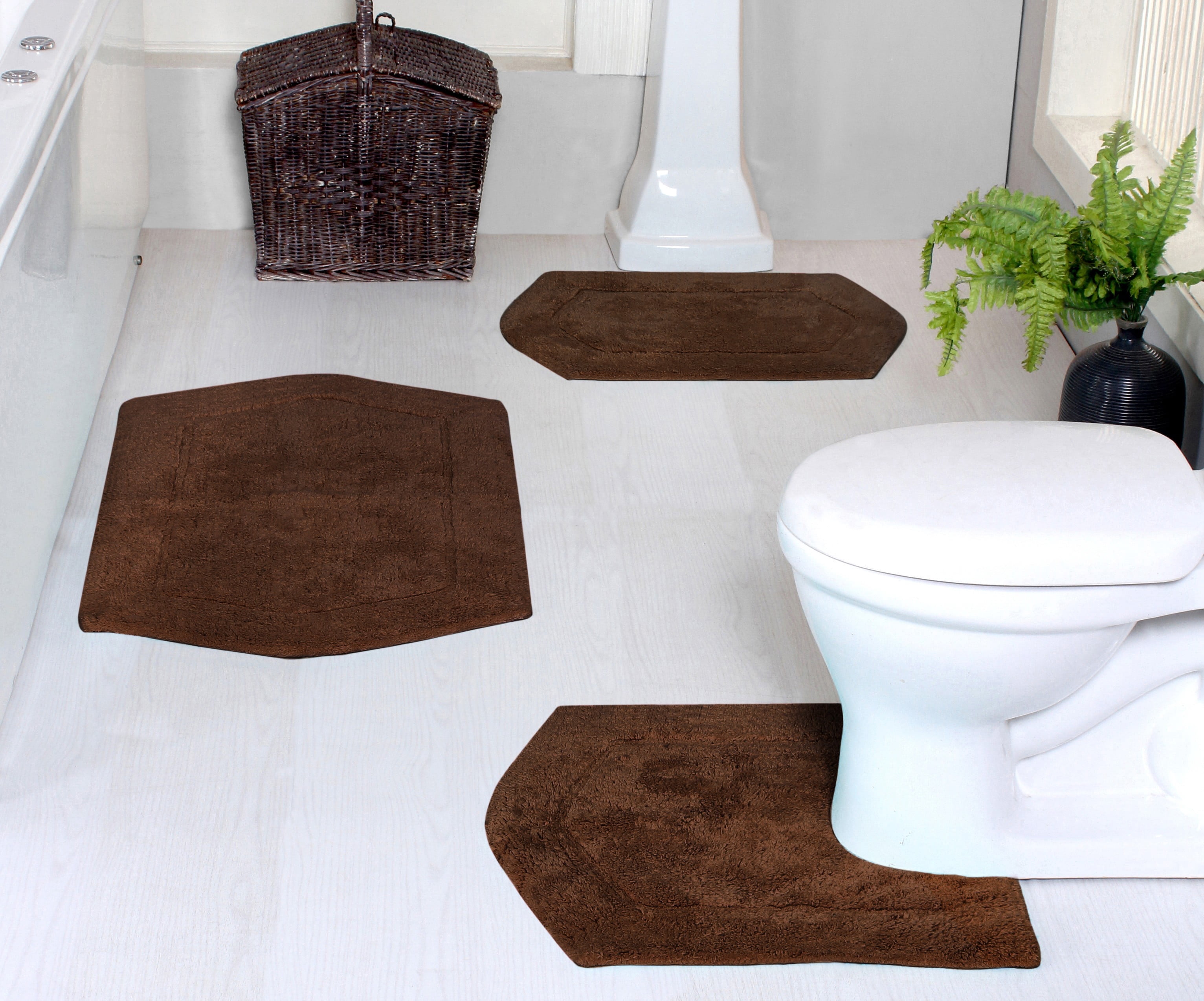 Home Weavers Waterford Collection 100% Cotton Non-Slip Bathroom Rug Set Machine Washable Bathroom Rug-17"x24", Bath Rug- 21"x34", U Shaped Contour- 20"x20", Chocolate Color 3 Piece Bath Rug set
