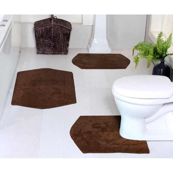 Home Weavers Waterford Collection 100% Cotton Non-Slip Bathroom Rug Set Machine Washable Bathroom Rug-17"x24", Bath Rug- 21"x34", U Shaped Contour- 20"x20", Chocolate Color 3 Piece Bath Rug set