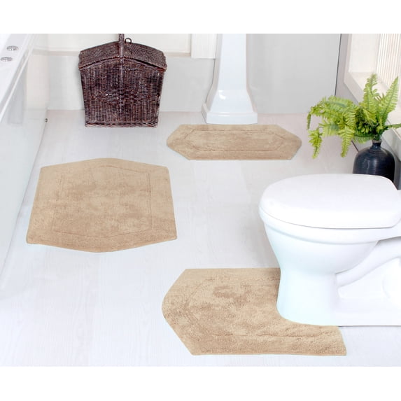 Home Weavers Waterford Collection 100% Cotton Non-Slip Bathroom Rug Set Machine Washable Bathroom Rug-17"x24", Bath Rug- 21"x34", U Shaped Contour- 20"x20", Linen Color 3 Piece Bath Rug set