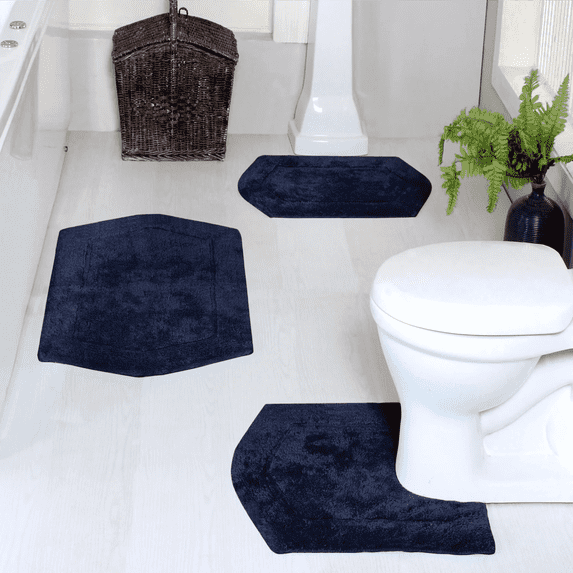Home Weavers Waterford Collection 100% Cotton Non-Slip Bathroom Rug Set Machine Washable Bathroom Rug-17"x24", Bath Rug- 21"x34", U Shaped Contour- 20"x20", Navy Color 3 Piece Bath Rug set
