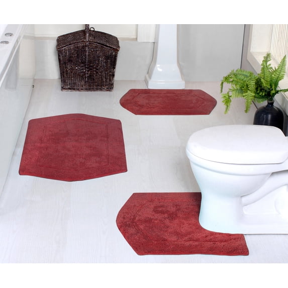 Home Weavers Waterford Collection 100% Cotton Non-Slip Bathroom Rug Set Machine Washable Bathroom Rug-17"x24", Bath Rug- 21"x34", U Shaped Contour- 20"x20", Red Color 3 Piece Bath Carpet set