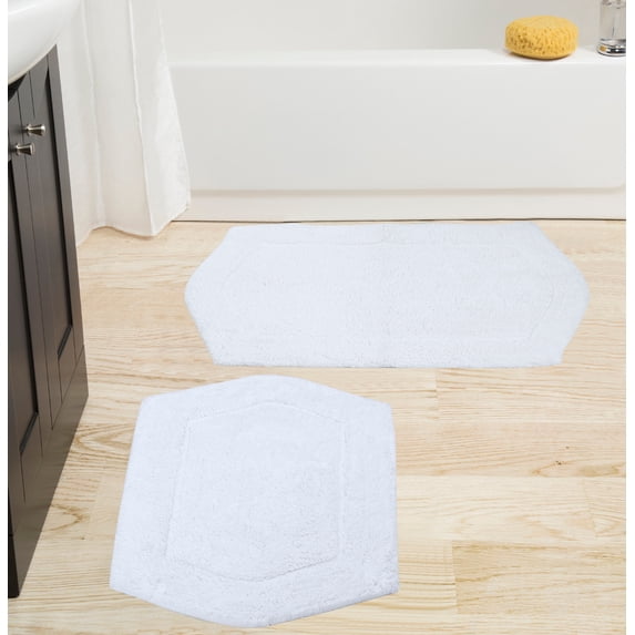 Home Weavers Waterford Collection 100% Cotton Non-Slip Bathroom Rug Set Machine Washable Bathroom Rug-17"x24", Bath Rug- 21"x34", White Color 2 Piece Bath Rug set