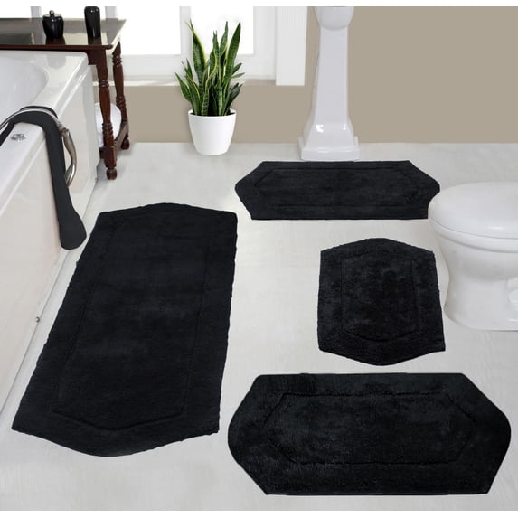 Home Weavers Waterford Collection 100% Cotton Non-Slip Bathroom Rug Set Machine Washable Bathroom Rug, Bath Rug, Bathroom Rug, Runner, Black Color 4 Piece Bath Rug set
