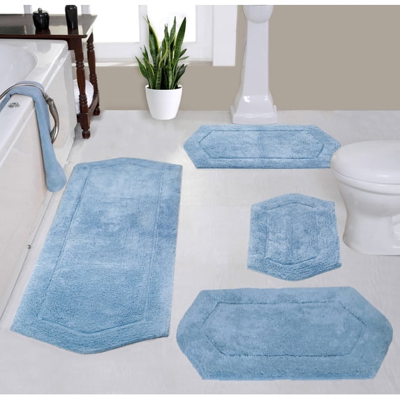 Home Weavers Waterford Collection 100% Cotton Non-Slip Bathroom Rug Set Machine Washable Bathroom Rug, Bath Rug, Bathroom Rug, Runner, Blue Color 4 Piece Bath Rug set