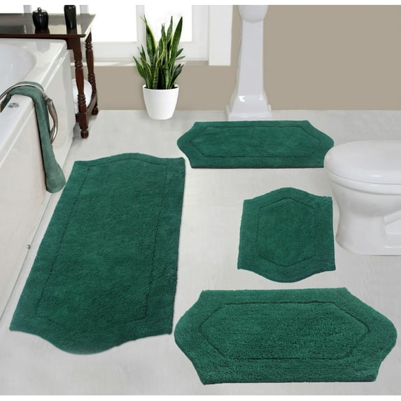 Home Weavers Waterford Collection 100% Cotton Non-Slip Bathroom Rug Set Machine Washable Bathroom Rug, Bath Rug, Bathroom Rug, Runner, Bottle Green Color 4 Piece Bath Carpet set