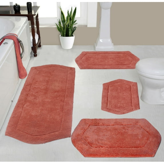 Home Weavers Waterford Collection 100% Cotton Non-Slip Bathroom Rug Set Machine Washable Bathroom Rug, Bath Rug, Bathroom Rug, Runner, Coral Color 4 Piece Bath Rug set