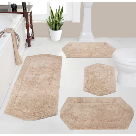 Home Weavers Waterford Collection 100% Cotton Non-Slip Bathroom Rug Set Machine Washable Bathroom Rug, Bath Rug, Bathroom Rug, Runner, Linen Color 4 Piece Bath Rug set