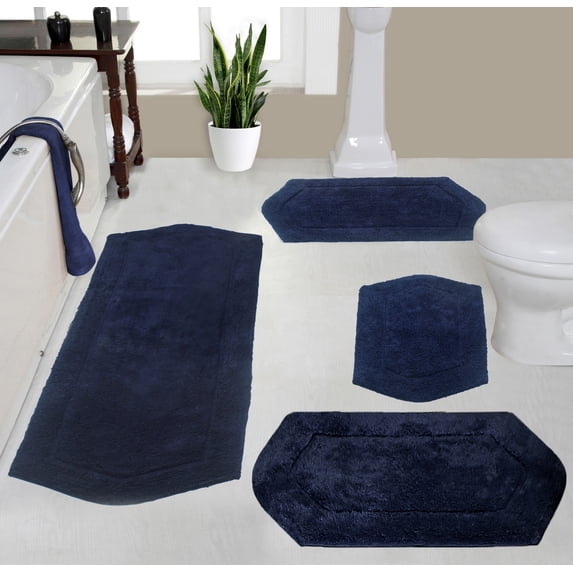 Home Weavers Waterford Collection 100% Cotton Non-Slip Bathroom Rug Set Machine Washable Bathroom Rug, Bath Rug, Bathroom Rug, Runner, Navy Color 4 Piece Bath Rug set