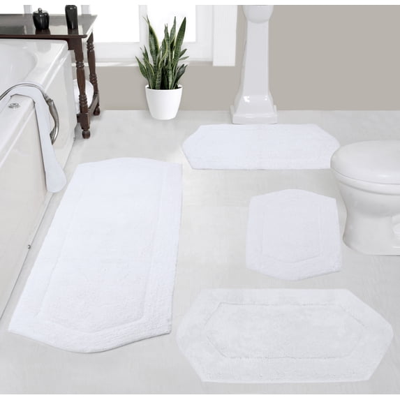 Home Weavers Waterford Collection 100% Cotton Non-Slip Bathroom Rug Set Machine Washable Bathroom Rug, Bath Rug, Bathroom Rug, Runner, White Color 4 Piece Bath Rug set