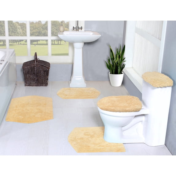 Home Weavers Waterford Collection 100% Cotton Non-Slip Bathroom Rug Set Machine Washable Bathroom Rug, Bath Rug, U Shaped Contour, Lid Cover, Toilet Tank Cover, Yellow Color 5 Piece Bath Rug set